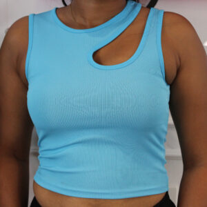 S175 Top bleu stretch à rayures et épaule ouverte