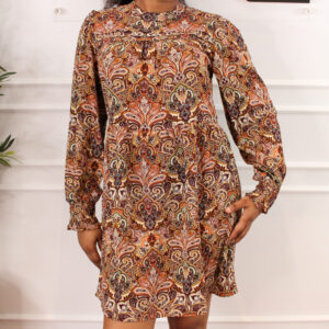 S270 Robe courte mi-volante à manches longues, imprimés orangés